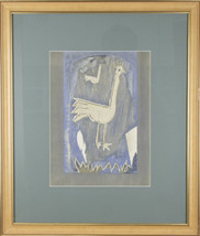 Untitled (Two Chickens on Blue Background) Framed and Matted Print 24&quot;x20 1/2&quot; - £98.15 GBP