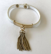 White Leather Bracelet Gold Tone Tassel With Rhinestone Snap Boho Bracelet - £5.56 GBP