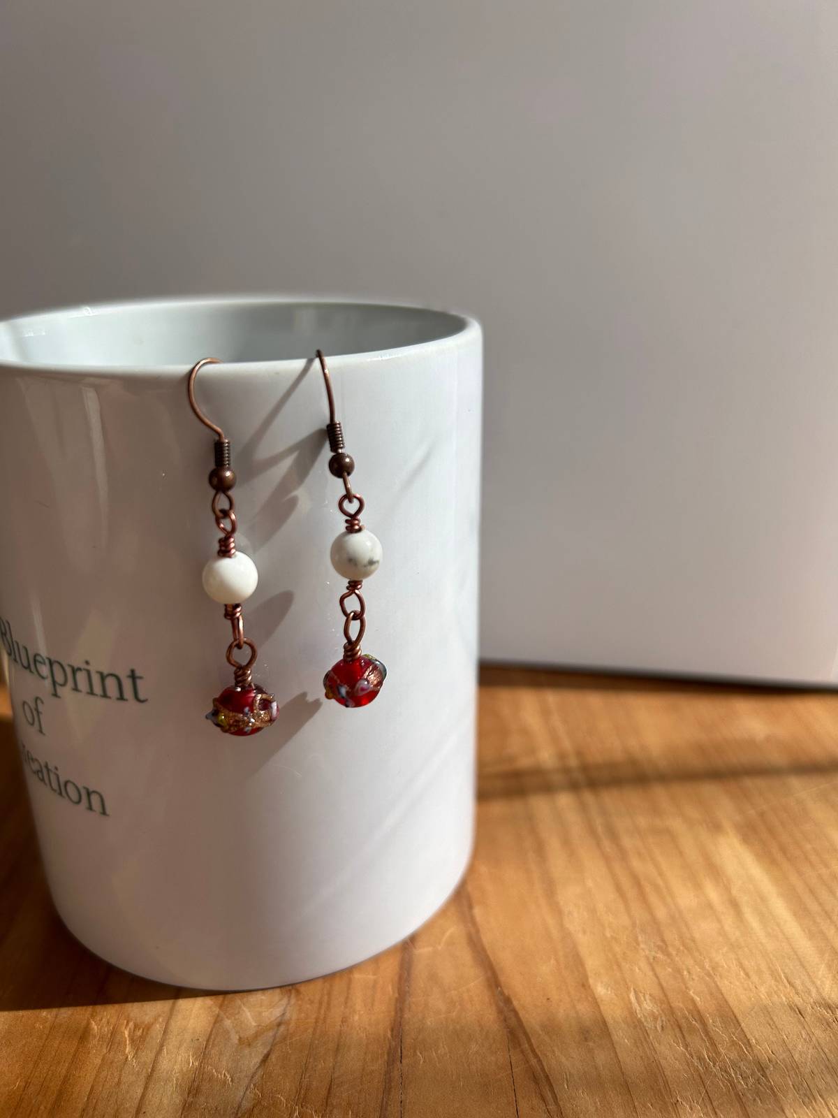Boho Howlite gemstone and Red Lamp work Glass Earrings - $16.00