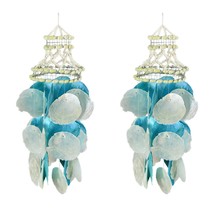 Set of 2 Coastal Blue and White Capiz and Cowrie Shell Wind Chimes Garde... - $37.12