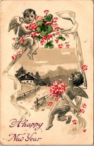 A Happy New Year Cupid Four Leaf Clovers Embossed Posted 1909 Antique Postcard - £5.99 GBP