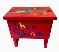 Folk Art Style Wooden Hand Painted Shoe Shine Kit Box Foot Rest Primitive Rustic - $33.95