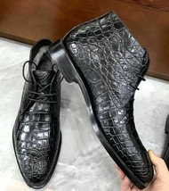 Handmade Men’s Black Crocodile Textured Cowhide Leather Lace Up Chukka B... - £108.75 GBP+
