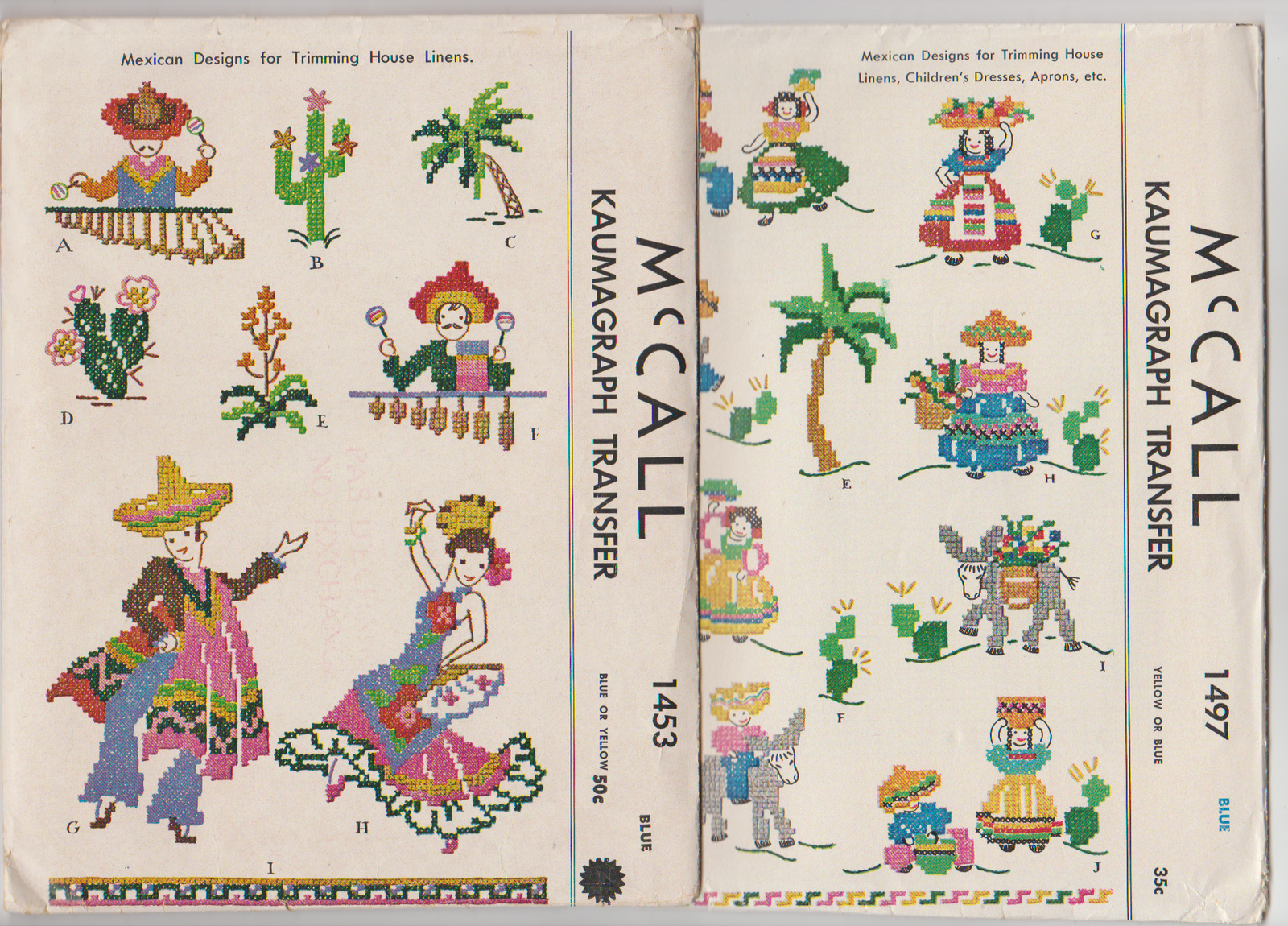 Mexicana Mexican Designs 2 Vintage 1949 Cross Stitch Patterns McCall Kaumagraph - $15.00
