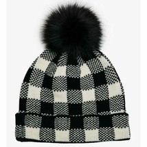 Black White Buffalo Check Pom Pom Knit Beanie Hat - £19.78 GBP