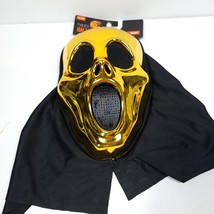 Metallic Gold Skull Mask Hood Hard Plastic Shiny Halloween Costume Ghost New - £13.48 GBP