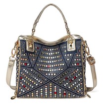 Fashion Denim Bags For Women 2022 New Colorful Rhinestones Handbags Zipper Large - £82.75 GBP