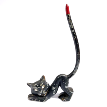 vintage Black Cat Ring Holder Painted Metal Jeweled Rhinestone Eyes Long Tail Up - £7.89 GBP