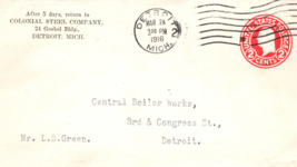 Colonial Steel Company Detroit Michigan Postal Cover - $17.00