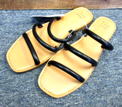 A New Day Wren Slide Sandals Triple Strap Square Toe Faux Leather Black ... - £15.84 GBP