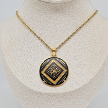 Vintage Gold Plated Black Round Damascene Pendant Necklace Chain with Pendant - £23.55 GBP