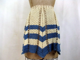 Vintage 50s Hand Crocheted Cotton Blue and White Half Apron Kitchen Collectible - £12.65 GBP
