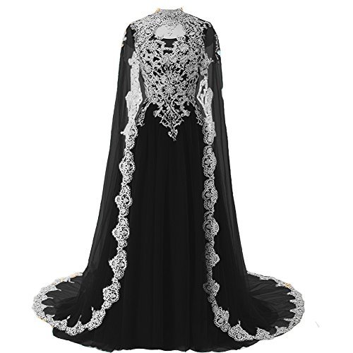 Plus Size Gothic White Lace Long Prom Dress Evening Gown with Cape Black US 22W