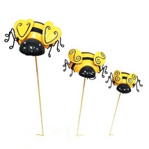 Bee Garden Stakes Set 3 Sizes Metal Double Pronged Yellow Black Up To 28... - $32.66
