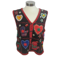 Studio Works Ugly Christmas Sweater vintage 1990s M vest hearts  applique - £18.18 GBP