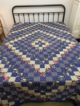STUNNING Quilt 98&quot;x86&quot; Navy Blue Floral Postage Stamp Diamond Handmade V... - £365.83 GBP