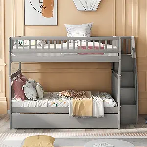 Merax Full Over Full Bunk Bed with Trundle and Staircase,Gray - $1,098.99