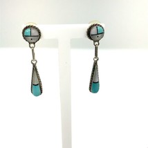 Vtg Sterling Native American Zuni Sun Face Turquoise MOP Dangle Stud Earrings - £51.59 GBP