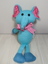 Blue aqua knit elephant plush pink dot ears striped bow knitted - £10.16 GBP