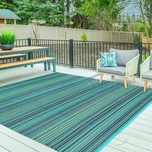 Reversible Woven Outdoor Rug, 5&#39;x7&#39; Lightweight Large Plastic Striped (Blue) - £20.53 GBP