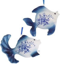 Kurt Adler Set of 2 Delft Blue Style Fancy Goldfish Ornaments - £15.07 GBP