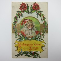 Antique Christmas Postcard Santa Poinsettia Holly Wreath Candles Gold Embossed - £15.72 GBP