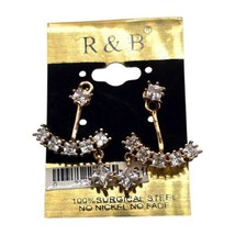 Pierced Jacket Earrings Small Signed R &amp; R Dangle Clear Rhinestones Gold... - $6.93