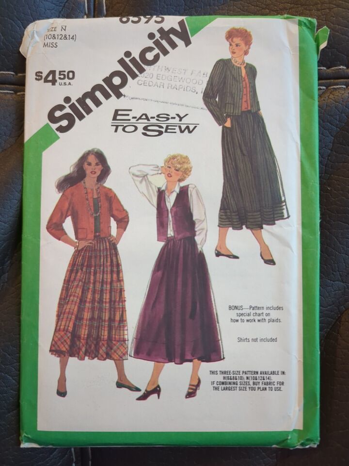 Skirt, Jacket and Vest Sizes 10-12-14 Vintage Pattern Simplicity 6595 Uncut FF - $8.54