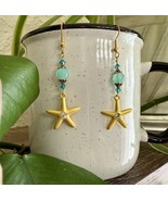 Glass &amp; Crystal Turquoise Beads Starfish Drop Dangle Earrings Gold Tone NEW - $25.74