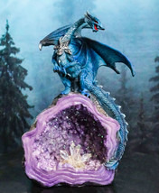 Armored Blue Dragon On Purple Quartz Faux Geode Crystal Cavern Rock Figu... - $33.99