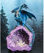 Armored Blue Dragon On Purple Quartz Faux Geode Crystal Cavern Rock Figurine - $33.99