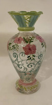 Vintage TRACY PORTER Hand-Painted Glass Bud Vase Pink Flowers Ruffled Rim 6.5" H - £17.86 GBP