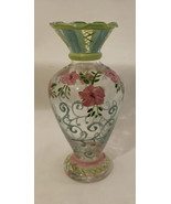 Vintage TRACY PORTER Hand-Painted Glass Bud Vase Pink Flowers Ruffled Ri... - £18.14 GBP