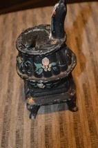 Vintage 5  Cast Iron Pot Belly Stove w/ Lid, 5.5” tall, floral decorations, toy - £35.97 GBP