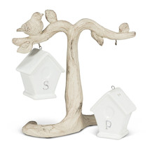 Bird House Salt Pepper Shakers Hanging on Tree Branch Ceramic 7" High Ivory  image 2