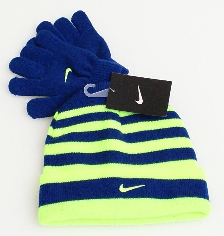 Primary image for Nike Blue & Volt Stripe Knit Cuff Beanie & Stretch Gloves Youth Boy's 8-20 NWT