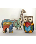 Lot of 3 South African Raku Painted Figures Elephant, Giraffe &amp; Owl Signed - €51,38 EUR
