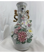 Vintage Hand Made Chinese Elaborate Pierced Vase with Applied Quanyin &amp; ... - $379.04