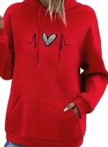Women&#39;s Leopard Heart Print Rhythm Pullover Loose Red Sweatshirt Hoodie Small 4  - £11.19 GBP