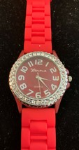 New ladies&#39; Geneva rhinestone bezel silicone band red quartz fashion wristwatch - £15.82 GBP