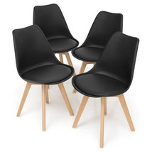 Set of 4 Modern Mid-Century Style Black PU Leather Dining Chairs with Wood Legs - £163.67 GBP