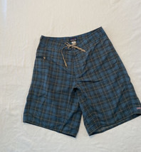 Patagonia Mens Board Shorts Blue Plaid Waist 32” Beach Summer Zipped Pocket - $14.52