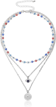 Layered Bohemian Evil Eye round Disc Pendant Necklace Lucky Stackable Crystal Rh - £67.87 GBP