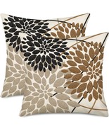 Brown Tan Black Pillow Covers 18X18 Inch Set Of 2 Dahlia Floral Decor Throw - £35.51 GBP