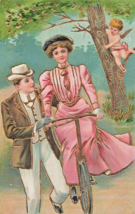 CUPID WATCHES ROMANTIC BICYCLE LESSON~1910s EMBOSSED GILT POSTCARD - £11.78 GBP
