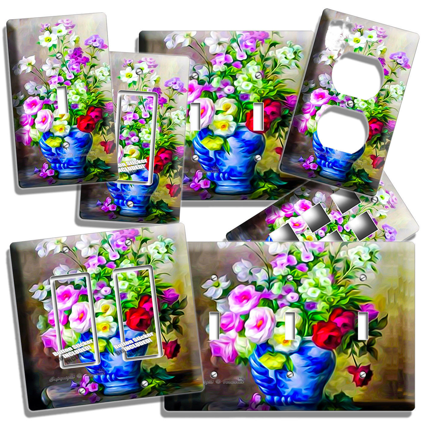 BLUE VASE VIBRANT WILD FLOWERS PAINTING LIGHT SWITCH OUTLET PLATE ROOM ART DECOR