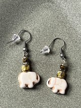 Small Cream Plastic Elephant w Tiny Green Glass Beads Dangle Earrings or Pierced - £8.99 GBP