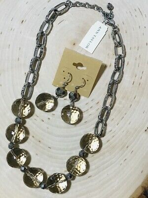 ANN TAYLOR SILVER TONE AMBER COLOR BEAD NECKLACE & EARRING SET NWT - $34.60