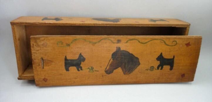 Primary image for antique FOLK ART PAINTED WOOD CANDLE BOX SCOTTY DOG HORSE joint corner FOLK ART