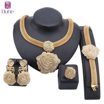 Italian Gold Color Crystal Necklace Earings Bracelet Ring Jewelry Set African Br - £38.89 GBP